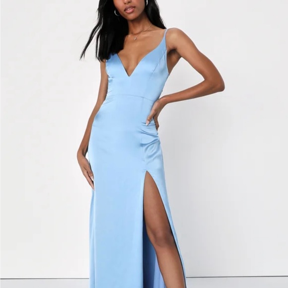 Moments of Elegance Light Blue Satin Sleeveless Lace Maxi Dress - Picture 2 of 5